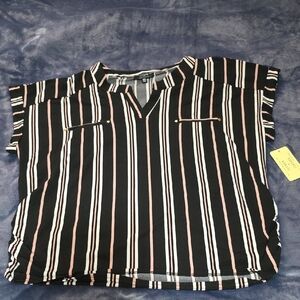 Flowers & Feather Black Short-Sleeve V-Neck Top with Pink & White Stripes